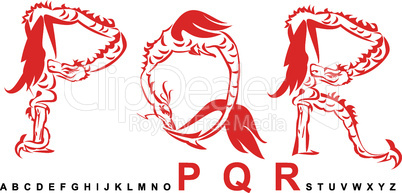 Series of dragons alphabet, letters PQR, fantasy dragon font