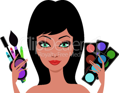 Young beautiful woman with decorative cosmetics in hands
