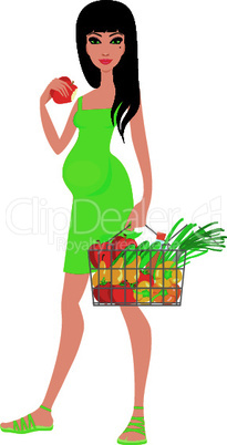 Pregnant woman buys fruit and eats an apple