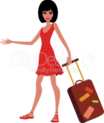 Woman with a suitcase in a red dress