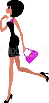 woman in a black dress on a white background.