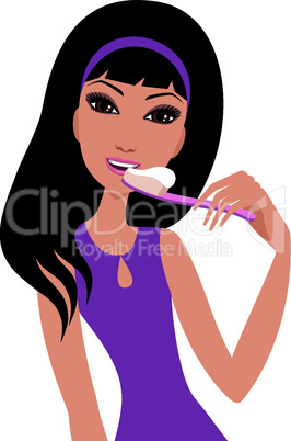 Young woman brushes teeth. A white background. Isolated