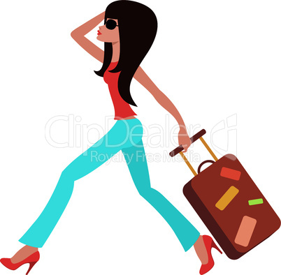 Young woman runs with a suitcase