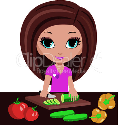 Cartoon woman on kitchen cuts vegetables