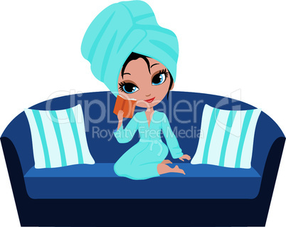 Woman cartoon in a towel on a sofa.