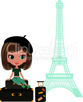 Pretty girl sits on a suitcase against Tour d'Eiffel.