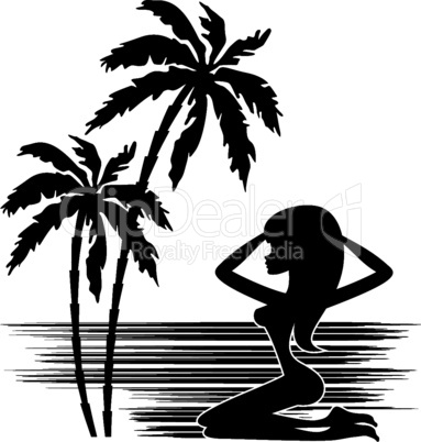 A palm tree and woman silhouette on a white background