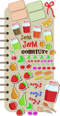 Scrapbook elements with fruit and jam.