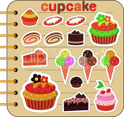 Scrapbook elements with cupcakes.