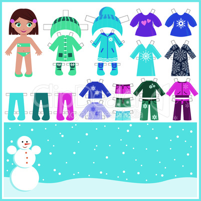Paper doll with a set of winter clothes.