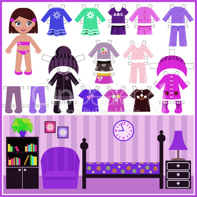 Paper doll with a set of clothes and a room