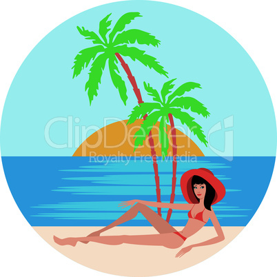 Tropical beach with palm trees and woman