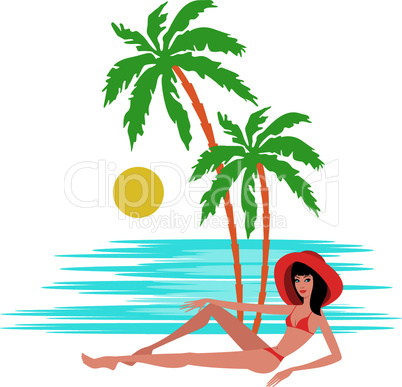 Tropical beach with palm trees and woman