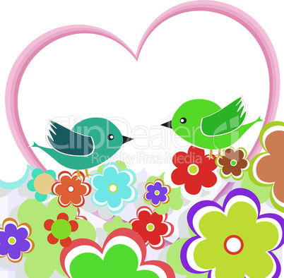 Card with birds on red heart among flowers