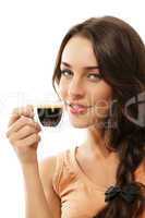 lächelnde frau mit einer tasse espresso kaffee