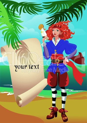 Pirate girl with old parchment map and parrot
