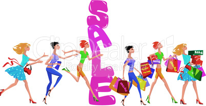 sale cartoon with group of funny girls in shopping time