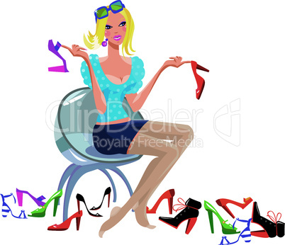 Young woman tries on shoes. white background