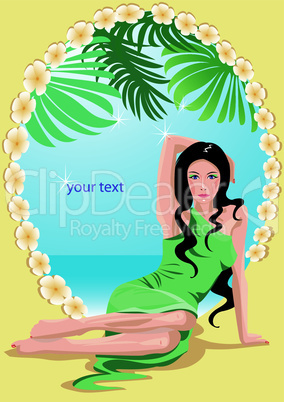 oval frame with beautiful woman and sea sade landscape
