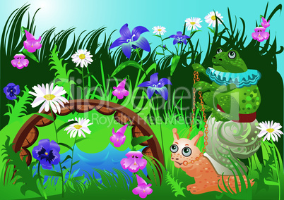 Frog riding snail - fairy tale illustration
