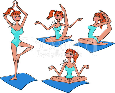 yoga practicing. Funny girl cartoon.