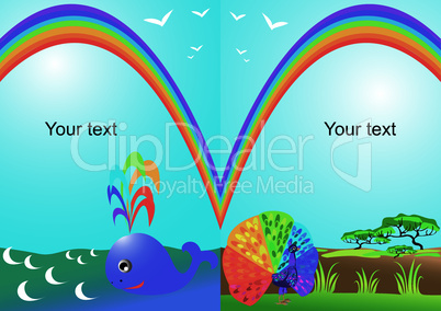 Set of portrait frames with rainbow, whale and peacock