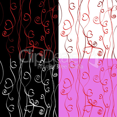 Seamless pattern for Valentine`s Day with ribbons and hearts on black, white or pink background