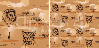 Lion and cheetah heads. Seamless pattern.