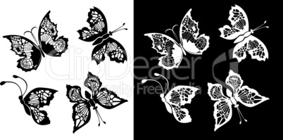 Set of silhouette butterflies collection on white and black backgrounds