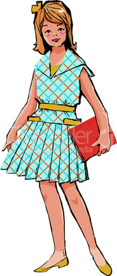 Sketch of Pretty girl with book in her hand in retro style