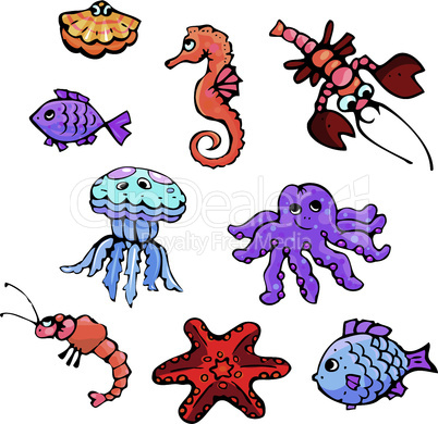 set of cartoon fish, shell, seahorse, craw fish, crayfish, jellyfish,sea star, shrimp, prawn, octopus