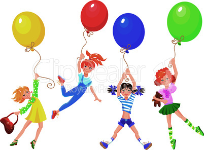 cute girls flying away on balloons