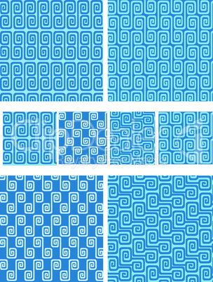 Set of seamless greek ornaments. Meander and wave in blue.