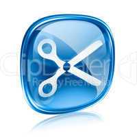 scissors icon blue glass, isolated on white background.