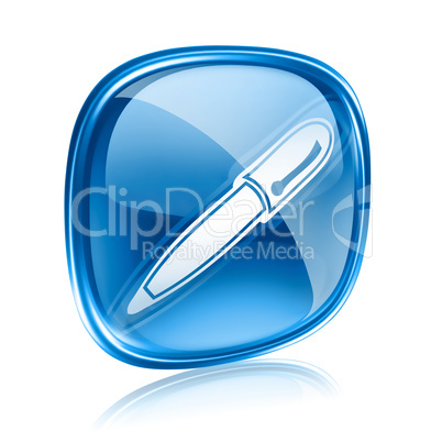 pen icon blue glass, isolated on white background.