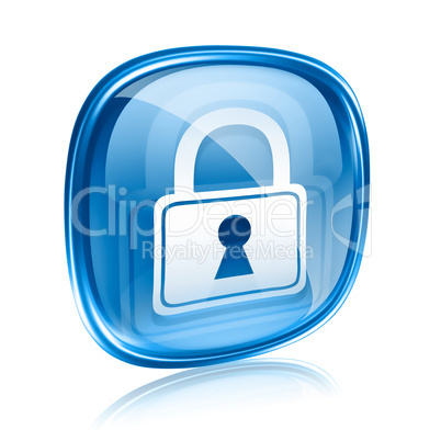 Lock icon blue glass, isolated on white background.