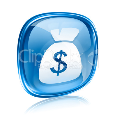 dollar icon blue glass, isolated on white background.