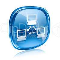 Network icon blue glass, isolated on white background.