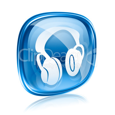 headphones icon blue glass, isolated on white background.