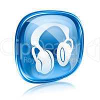 headphones icon blue glass, isolated on white background.
