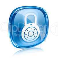 Lock off, icon blue glass, isolated on white background.