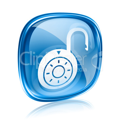 Lock on, icon blue glass, isolated on white background.