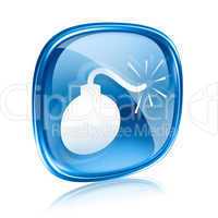bomb icon blue glass, isolated on white background.