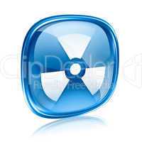 Radioactive icon blue glass, isolated on white background.