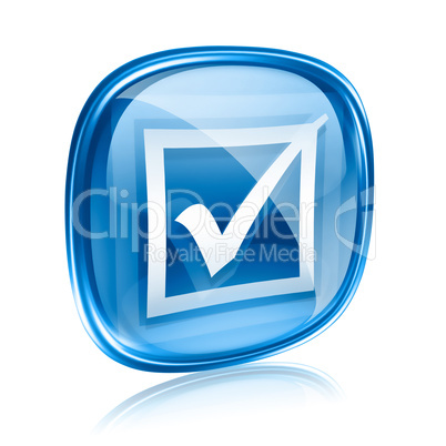 check icon blue glass, isolated on white background.