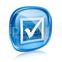 check icon blue glass, isolated on white background.