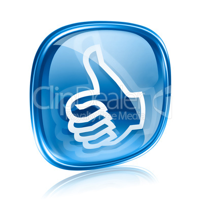 thumb up icon blue glass, approval Hand Gesture, isolated on whi
