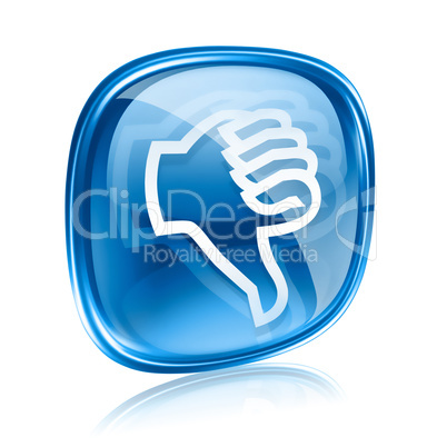 thumb down icon blue glass, isolated on white background.