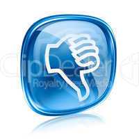 thumb down icon blue glass, isolated on white background.