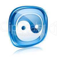 yin yang symbol icon blue glass, isolated on white background.